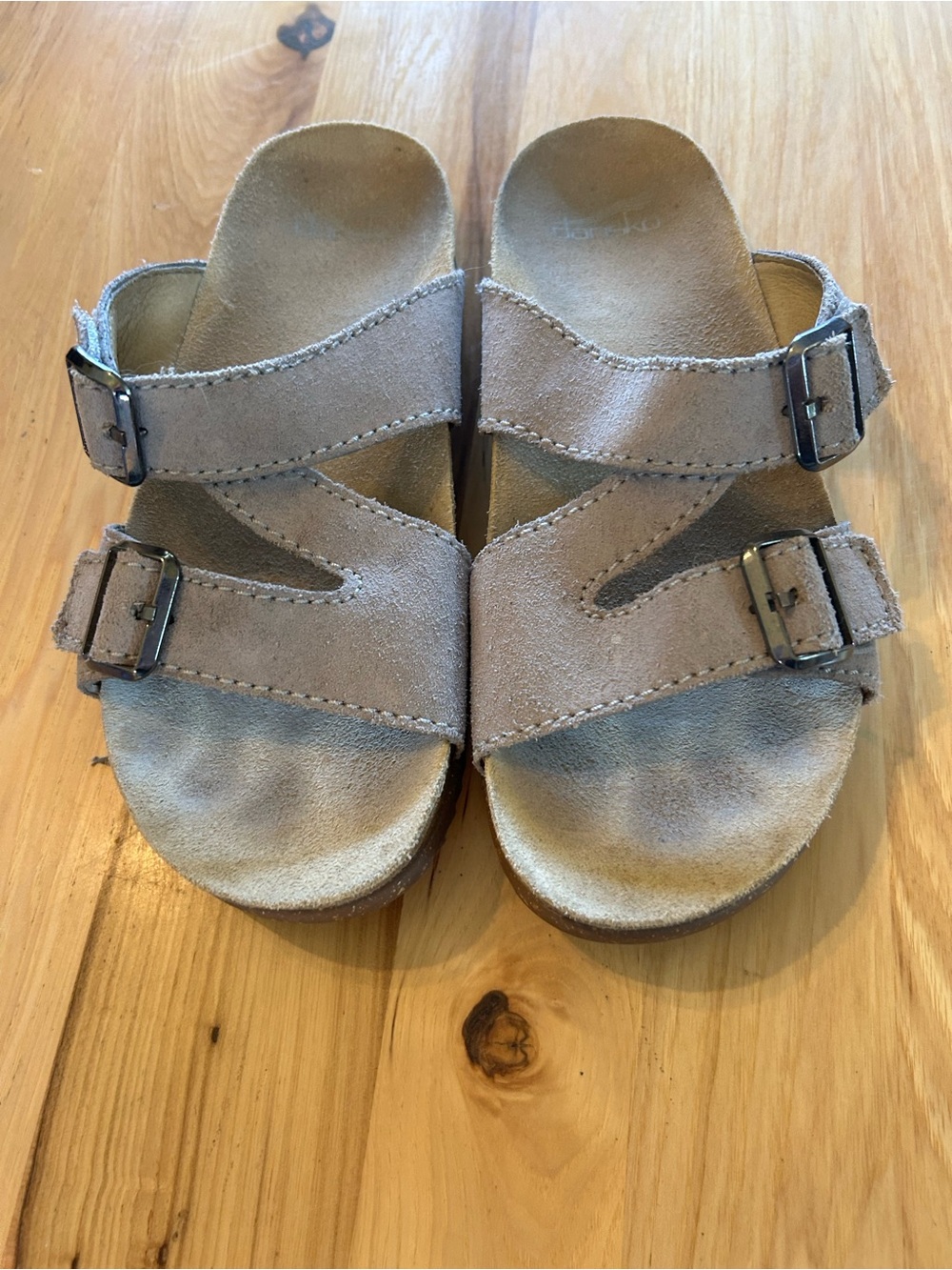 Dansko Taupe Suede Double-Buckle Slide Sandals